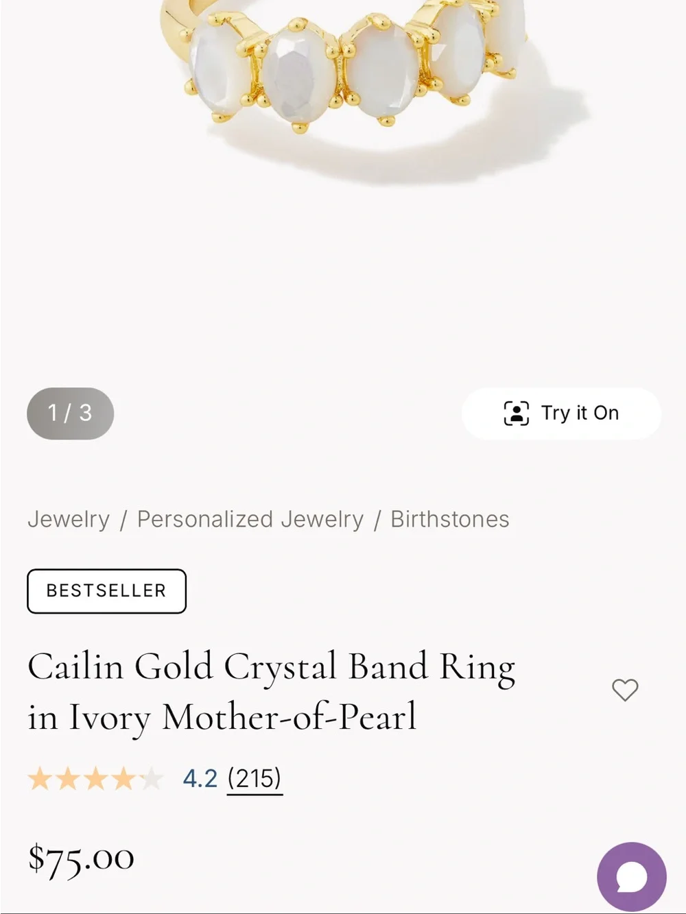 Kendra Scott Cailin Gold Crystal Band Ring in Ivory Mother of Pearl